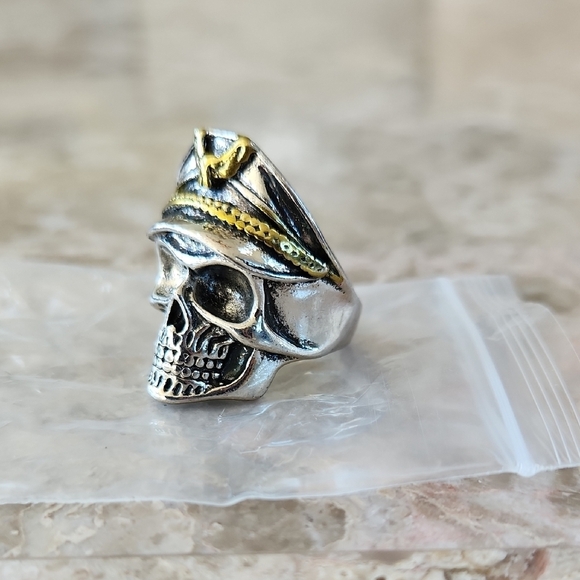 Other - Silver Skull Ring with Gold Accents, Adjustable, New